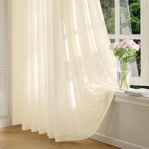 FMFUNCTEX Cream Sheer Curtains, 90 Inch, Rod Pocket, 2 Panels for Bedroom - color: Butter Cream, size: 52"W x 90"L (Pack of 2)
