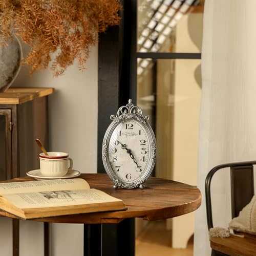 NIKKY HOME Small Vintage Table Clock, Silent Elegant Silver Desk Clock