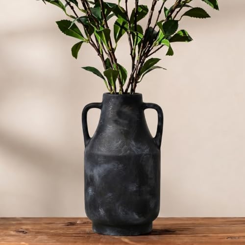 11" Tall Large Matte Black Vintage Ceramic Vase with Handles, Distressed Bronze Farmhouse Vase, Table Centerpiece for Living Room Entryway Kitchen Bathroom, Fits Dried Pampas Grass (005-bronze) - color: 005-bronze