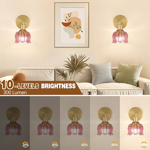 Battery Operated Wall Sconces Set of 2, Green Tulip Glass Wall Lights | Rechargeable flower wall lamps with remote control, 15 colors, 10-level dimming and timer for bedroom and living room - color: Flower Pink