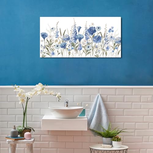 Elegant Blue White Flowers Wall Art Botanical Canvas Prints, 20"x40" - color: Blue White Botanical Flowers, size: 40"L x 20"W
