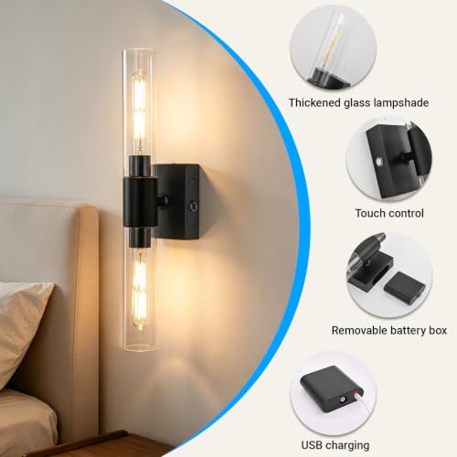 civaca Peel and Stick Wall Sconces, Black Battery Operated Wall Sconce