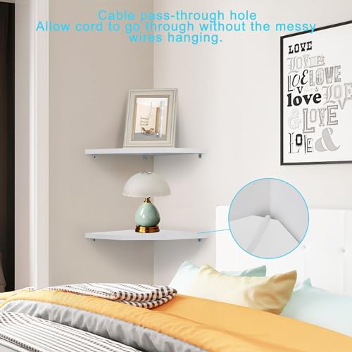 Corner Wall Shelves Set of 2, Rustic Wood Corner Floating Shelves with Cable Raceway, Wall Mount Storage Display for TV Accessories, Baby Monitor, Speaker, Cable Box (White, Diamond- 10 Inch)