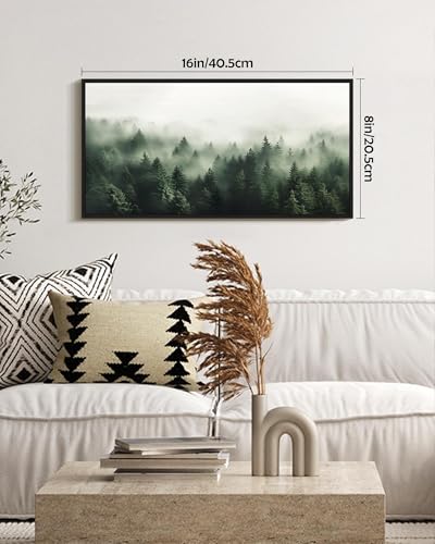 SHENIFY Green Fog Pine Tree Forest Vintage Framed Wall Art Modern Landscape Scenery Farmhouse Artwork Prints Decor for Kitchen Bedroom Living Room Bathroom - 8x16in Black Framed - color: Fog Pine Tree Forest, size: 16"L x 8"W