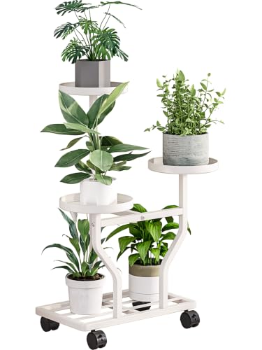 Plant Stand with Wheels, White 3-Tier Metal Plant Shelf for Indoor Outdoor - color: White, size: 3 Tier