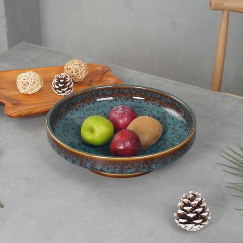 Ceramic Fruit Bowl for Kitchen Counter,Decorative Pedestal Bowl for Table Countertop,Large Footed Serving Bowl,10.2 Inch (peacock Green) - color: peacock Green