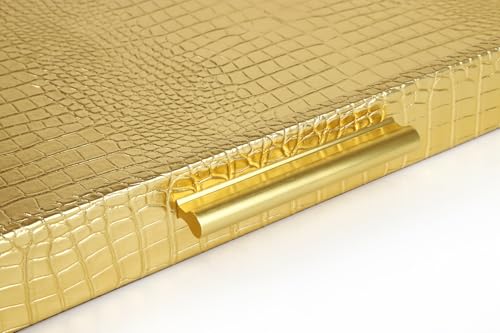 HofferRuffer Extra Large Square Serving Tray, Elegant Faux Leather Ottoman Tray with Gold Hardware Handles, Serve Tea, Coffee or Breakfast in Bed, 24 x 24 inches (Gold, 24" x 24" x 2") - color: Gold, size: 24" x 24" x 2"