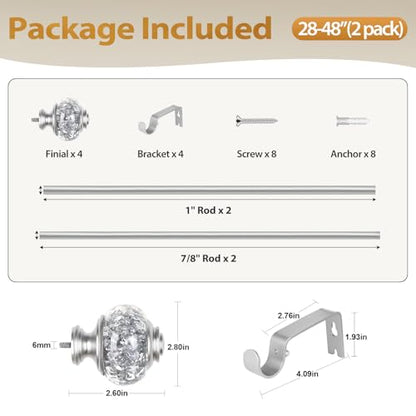 2 Pack Curtain Rods, 1 Inch Telescoping Drapery Rod 28 to 48 inch (2.3 to 4ft), USFOOK Curtain Rods for Windows 16 to 44 Inches, Silver Translucent Finials - color: Silver, size: 28-48"(2 Pack)