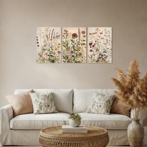 Vintage Floral Wall Art Set of 3, Nature Wildflower Canvas Wall Decor Colorful Botanical Prints Pictures Artwork for Bedroom Living Room Office 12x16 Inch Framed - color: Retro Wildflowers, size: 16L"x12W"