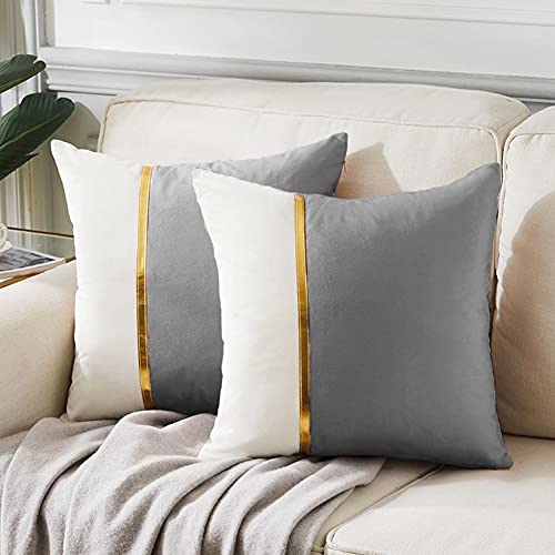 Fancy Homi 2 Packs Decorative Throw Pillow Covers 20x20 Inch for Living Room Couch Bed, Grey and White Velvet Patchwork with Gold Leather, Luxury Modern Home Decor, Accent Cushion Case 50x50 cm - color: Gray, size: 20" x 20" (Pack of 2)