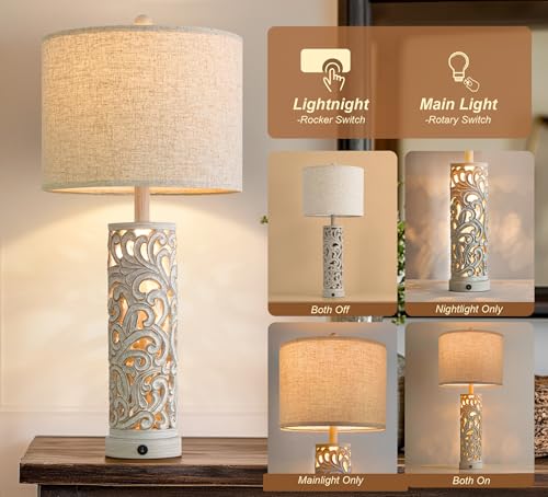 OYEARS 2-in-1 Light Table Lamp Set of 2 for Living Room, 28.5" Farmhouse Bedside Lamps with USB Charging Port, Main&Night Light & Dual Switches, Nightstand Lamp for Bedroom Home Office(Bulb Included) - color: Retro Grey