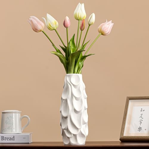 Scalloped Scale Vase - Mother’s Day White Matte Ceramic with Textured Sculptural Design, 10.5" Unique Flower Vase for Centerpieces,Decorative Boho Vase for Office,Ideal Valentine Gift for Art Lovers - color: Scalloped Scale Vase