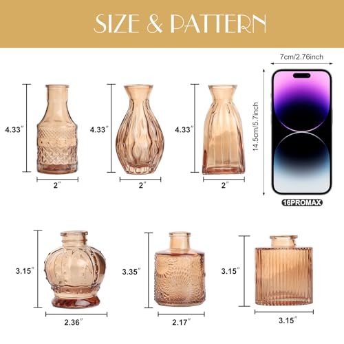 Petal Petite Small Amber Glass Bud Vase Set of 6 for Wedding Centerpieces - color: Amber