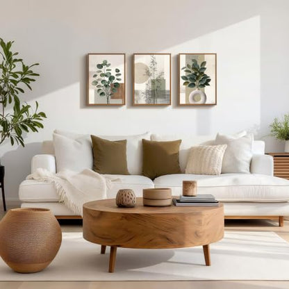3 Pcs Framed Sage Green Boho Botanical Neutral Abstract Canvas Wall Art - color: Eucalyptus Bamboo Plant, size: 12"x16"x3Pcs
