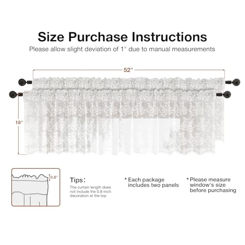 Rinwoc White Lace Semi-Sheer Boho Valance Curtains – Vintage Floral Lace Tiers for Living Room, Privacy Light Filtering Rod Pocket Window Valances, Elegant Scalloped Valances 1 Panel, 52W x 18L Inch - color: White Plum, size: 52"W x 18"L (Pack of 2)