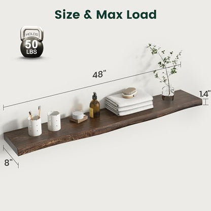 48in Live Edge Solid Elm Floating Shelves, Walnut, Set of 1 - color: Walut Color, size: Live Edge 48 inch, 1Pack