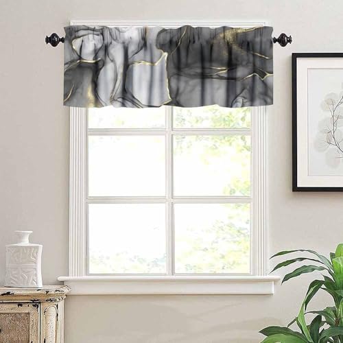 Grey Marble Window Valance, Marble Texture Line Black Gold Grey Rod Pocket Blackout Short Curtain Drape for Cafe Kitchen Bedroom Living Room, 54x18inch - color: Marble-15