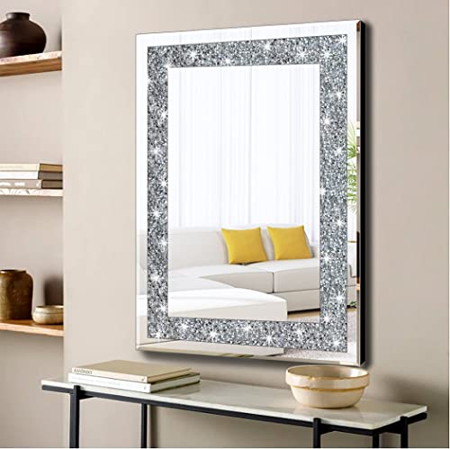 QMDECOR Crystal Crush Diamond Rectangle Silver Mirror for Wall Decoration 24x32inch Wall Hang Frameless Mirror Acrylic Diamond Decor. - size: 32"L x 24"W