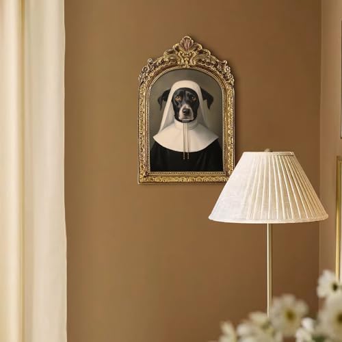 FOLKOR Gothic Wall Art Rustic Room Decor, Funky Pet Portrait Canvas Prints with Vintage Gold Frame for Tabletop Shelf Gallery Wall Decor, Funny Black and White Dog Poster Painting Artwork, 5x7 - color: Pet, size: 5x7"