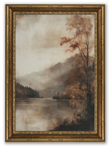 Gold Framed Vintage Fall Landscape Canvas Wall Art, Rustic Moody Lakeside Painting Picture Wall Decor,Autumn Nature Lake Poster Print Artwork, for Living Room Farmhouse Home Decoration 9x11in - color: Gold Framed, size: 11"L x 9"W