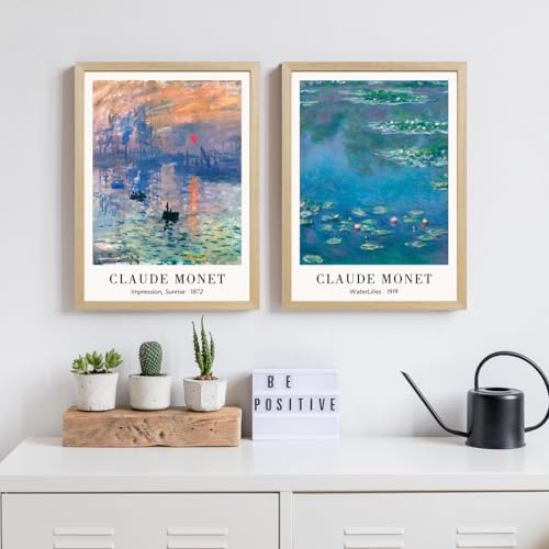 LLEEMPI Claude Monet Water Lilies Wall Art Set of 3, 16x24 Framed Prints - color: MonetWaterLily(Wood), size: 24"L x 16"W