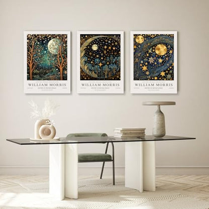 Hianan Wrapped Canvas William Morris Moon Star Wall Art Set of 3, 12x16 in - color: Dark Blue,Gold, size: 16"L x 12"W