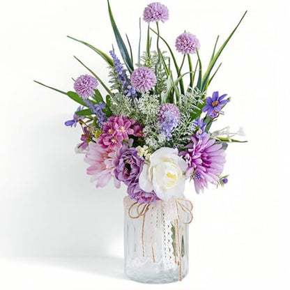 Artificial Faux Flowers in Vase-Fake Purple Transvaal Daisy and Dandelion - color: Purple & White