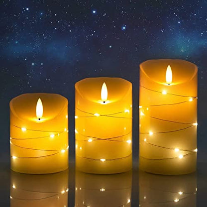 DANIP White LED flameless Candle with Embedded Star Light String, Three Piece LED Candle, with 11 Key Remote Control, 24-Hour Timer Function, Dancing Flame, (Ivory White) - color: WhiteB#1*3