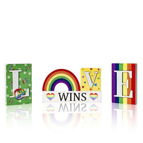 Smile Pride Month "LOVE WINS" Wooden Tabletop Decor Rainbow & Peace Sign Desktop Plaques LGBTQ+ Indoor Home & Office Decor Gay Pride Gift Idea - style: Letter LGBT