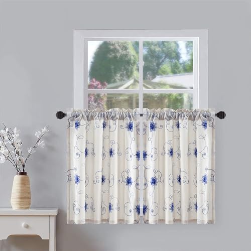 VOGOL Blue Floral Vine Embroidered Tier Curtains, 30 x 36 Inches, 2 Panels - color: Hy-blue, size: 30"W x 36"L (Pack of 2)