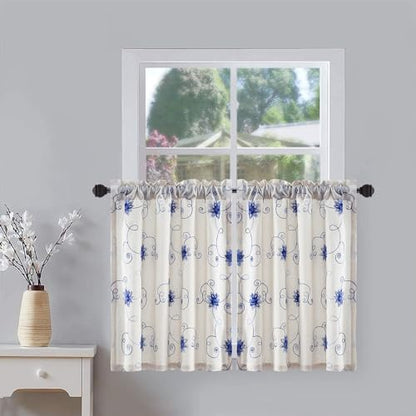 VOGOL Blue Floral Vine Embroidered Tier Curtains, 30 x 36 Inches, 2 Panels - color: Hy-blue, size: 30"W x 36"L (Pack of 2)