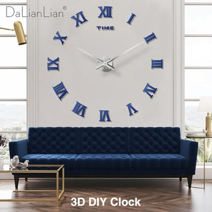 DIY Frameless Wall Clock, 3D, Adjustable Up to 52”, Blue - color: Blue