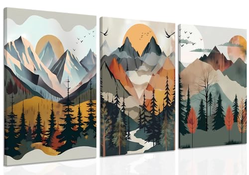 Mountain Canvas Wall Art Set of 3, Boho Sun Forest Abstract Nature Landscape Artwork Wall Decor, Watercolor Posters Prints Painting Picture Artwork for Living Room Bedroom Office 16x24 In Framed - color: Sunrise canvas, size: 16x24in