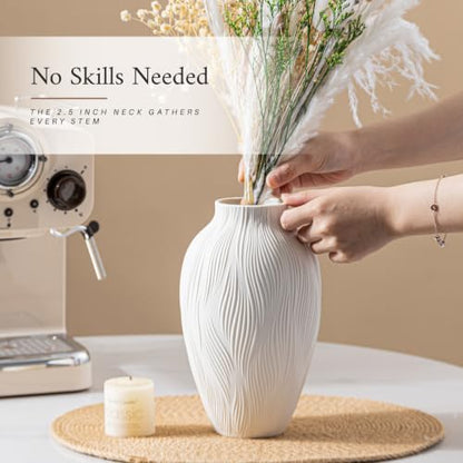 White Ceramic Vase for Pampas Grass, 9.2 Inch Wavy Textured Vase Gift - color: Windblown Texture Vase
