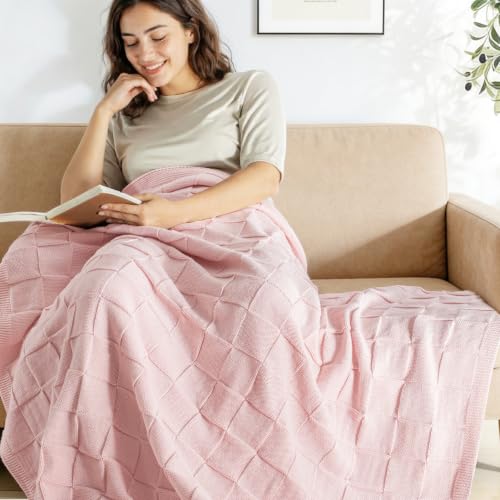 Whale Flotilla Checkered Knit Throw Blanket for Couch, Pink - color: Pink, size: 50x60 Inch