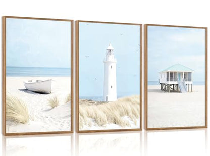 Aurlan 3 Pcs Blue Beach Coastal Framed Canvas Wall Art 16x24 Inch - color: Blue Coastal Beachy Seascape, size: 16"L x 24"W