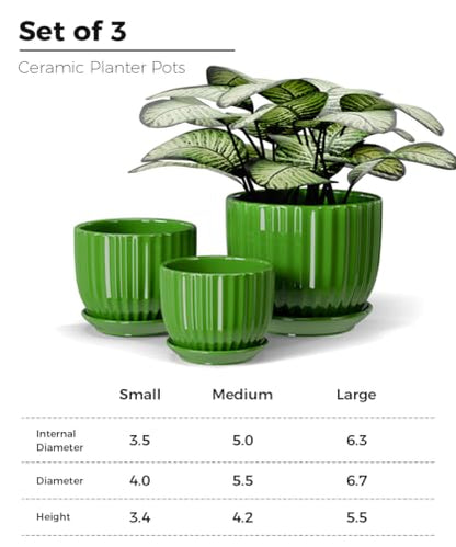 Green Plant Pots,Ceramic Planters with Drainage Holes & Saucers Set of 3 - color: Green
