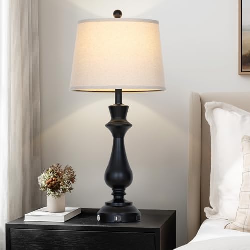 Cinkeda Touch Lamps for Night Stand - 29.5" Tall Bedside Lamp with USB C+A, 3 Way Dimmable Bedroom Lamps, Black Metal Table Lamps for Living Room,Single Black - color: Black-1P