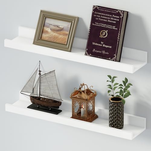SAUMONIERES Picture Ledge Shelf Floating Book Shelves Set of 2 Wall Mounted Solid Wood for Bedroom Bathroom Living Room Kitchen, 24 Inch White - color: White, size: 24 inch