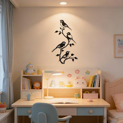Black Metal Bird Wall Decor - 4 Birds on Branch Silhouette Wall Art
