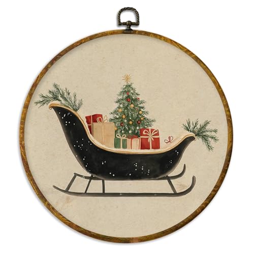 XPH Vintage Christmas Sleigh Round Wall Art Framed, Rustic Winter Christmas Circle Wall Decor, Neutral Cozy Winter Xmas Hanging Canvas Prints for Home Bedroom Living Room Decoration, 10x10 Inch - color: Christmas 16
