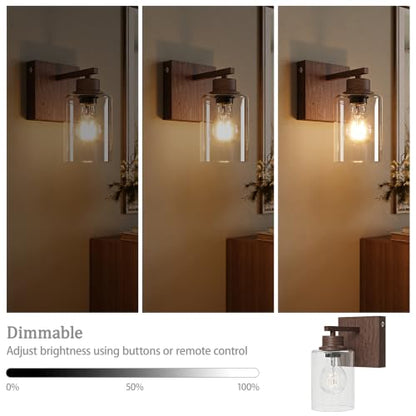 Rayogale Walnut Battery Operated Wall Sconce Set of Two with Remote Control | Dimmable Rechargeable Wall Lights with Timer, Easy Install Glass Lamp for Living Room Bedroom, Emergency 3000K - color: Walnut(Clear Lampshades)