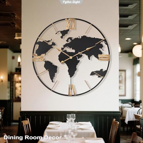 Pytha Sight 36 Inch Large Extra Metal Oversized Roman World Map Wall Clock - color: Black Roman, size: 36 inch