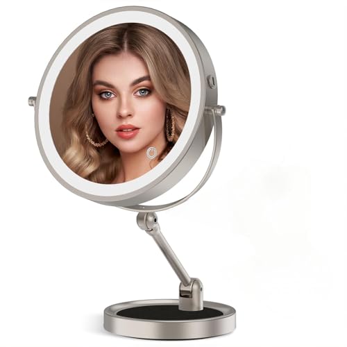 Rocollos Tabletop Makeup Mirror with Built-in Vanity Tray, 9" Rechargeable 4000mAh Lighted Vanity Mirror 1X/10X Magnification, Height-Adjustable Arm, 3 Color Dimmable (9Inch Nickel) - color: 9inch Nickel