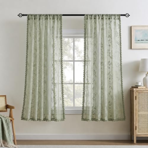 Kotile Sage Green Sheer Curtains 63 Inch Length, Boho Lace Window Panels - color: Sage Green, size: 52"W x 63"L (Pack of 2)