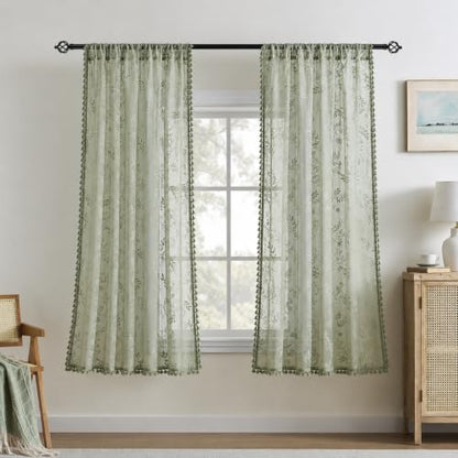 Kotile Sage Green Sheer Curtains 63 Inch Length, Boho Lace Window Panels - color: Sage Green, size: 52"W x 63"L (Pack of 2)