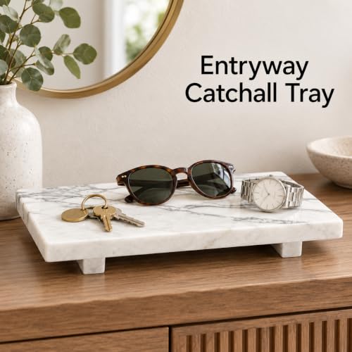 White Marble Pedestal Tray, 13.8-Inch Bathroom Vanity Counter Organizer - color: White Marble-13.8 in