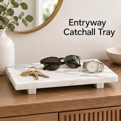 White Marble Pedestal Tray, 13.8-Inch Bathroom Vanity Counter Organizer - color: White Marble-13.8 in