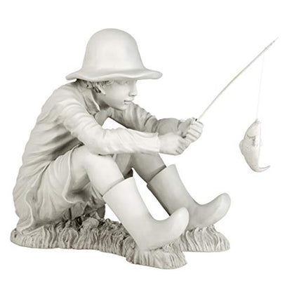 Design Toscano Gone Fishing Fisherman Boy Garden Statue, 17 Inch Tall, Cast Stone Resin, Two Tone Stone Finish - color: Gone Fishing Fisherman