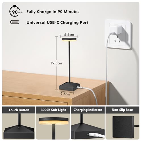 3 Pack Small Black Rechargeable Cordless Table Lamps Dimmable - color: Black-C